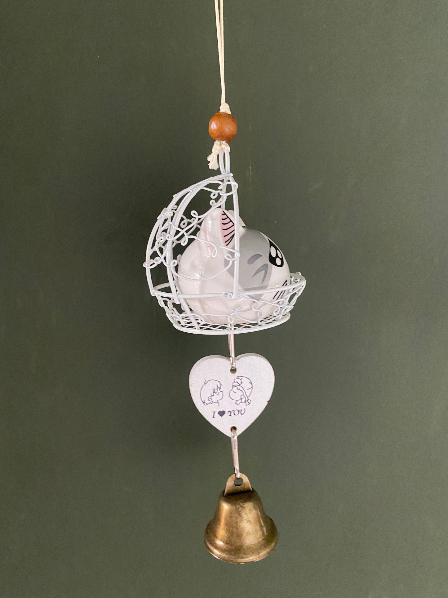 Ceramic Cat figurine in cage themed windchime