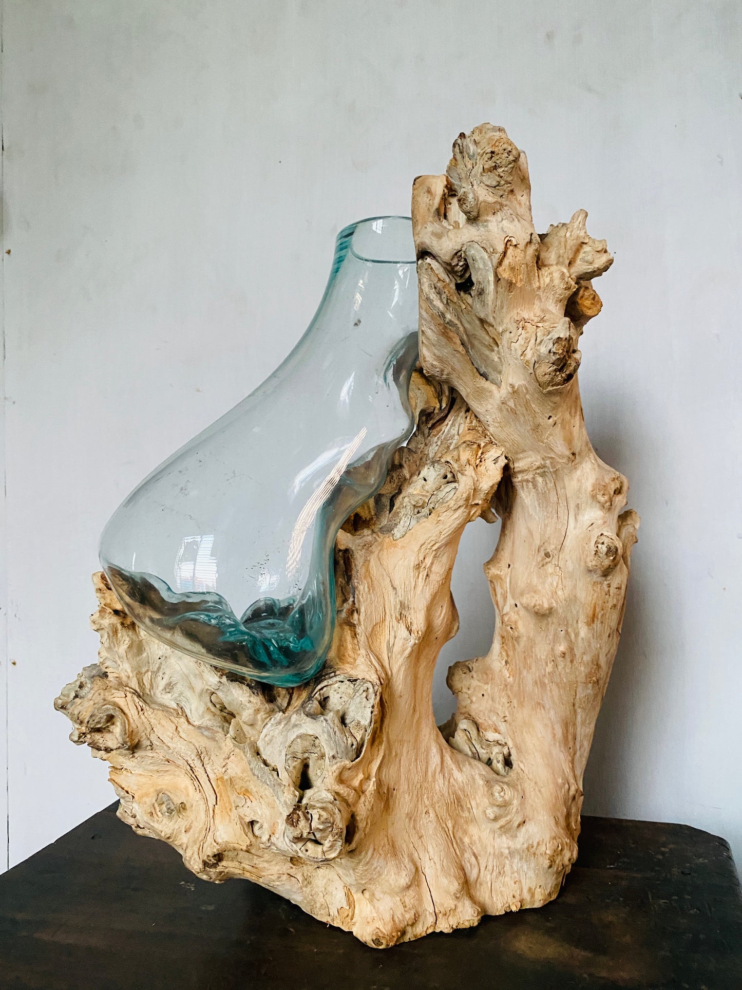 Big sized moltenglass on teak driftwood vase