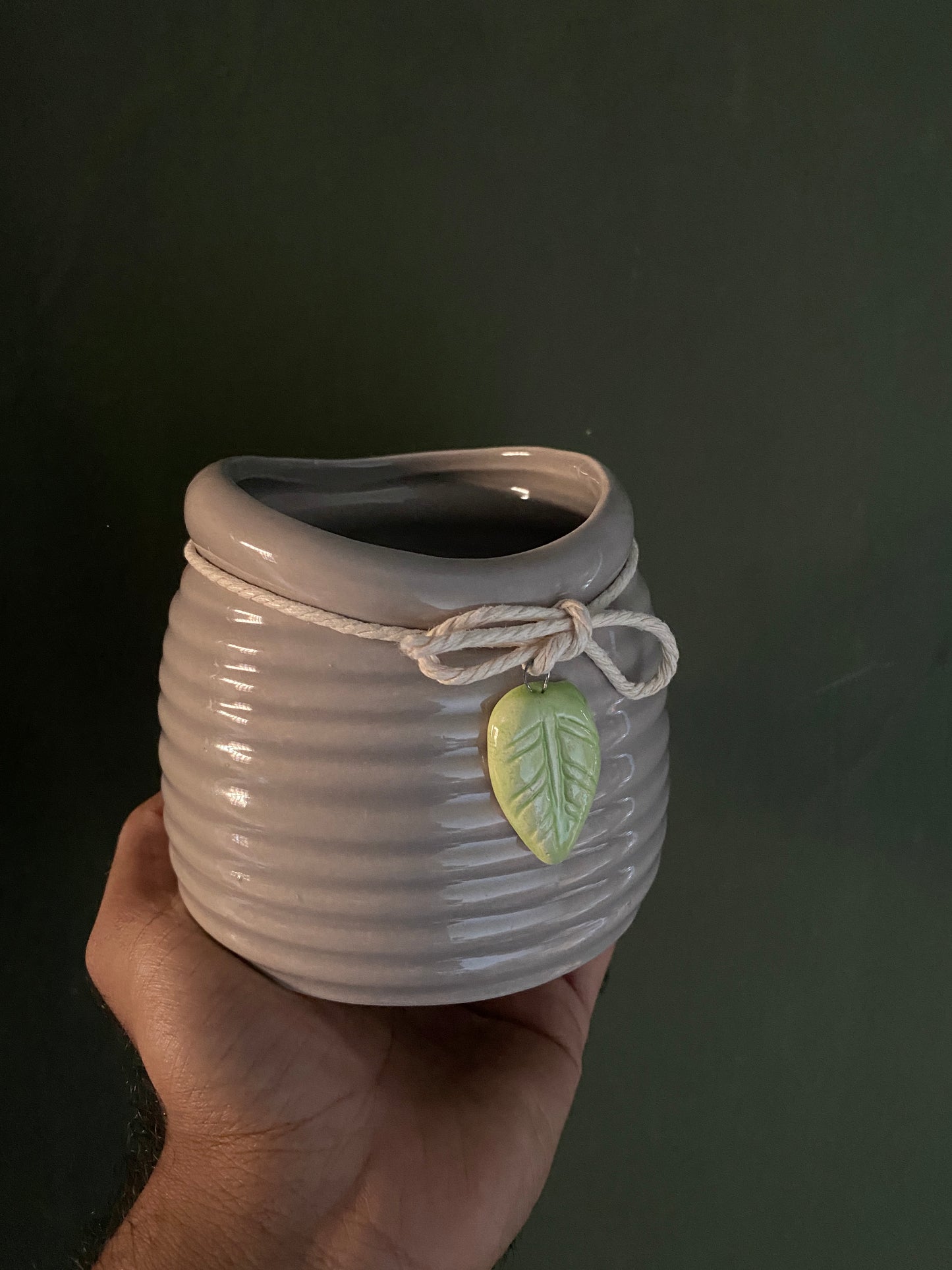 Grey leaf hanging medium ceramic planter