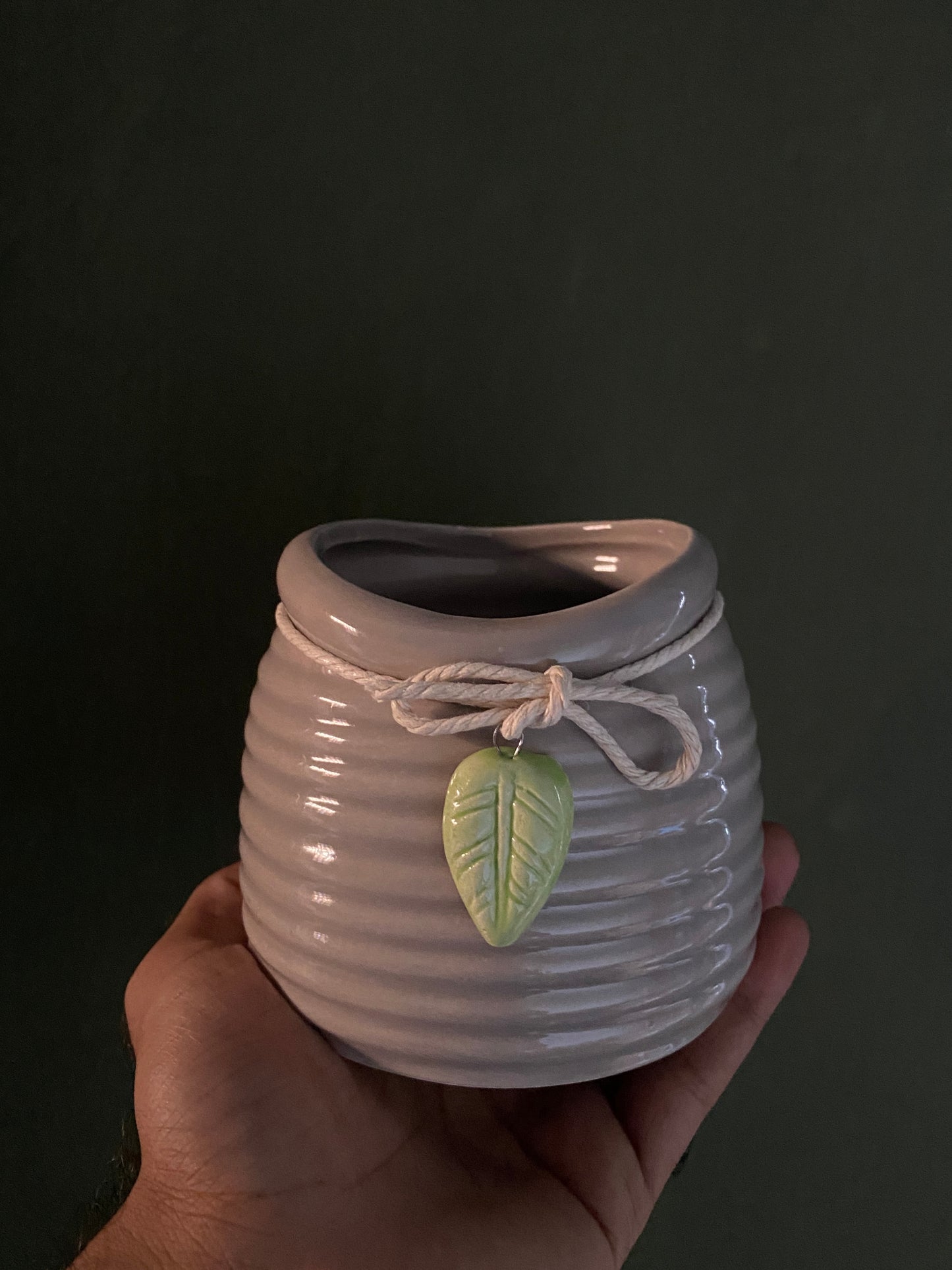 Grey leaf hanging medium ceramic planter