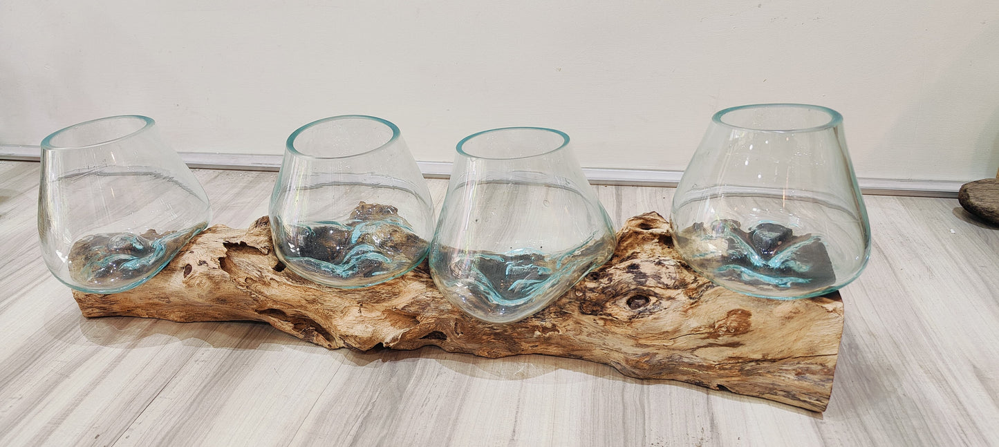Four Molten Glass on Driftwood base
