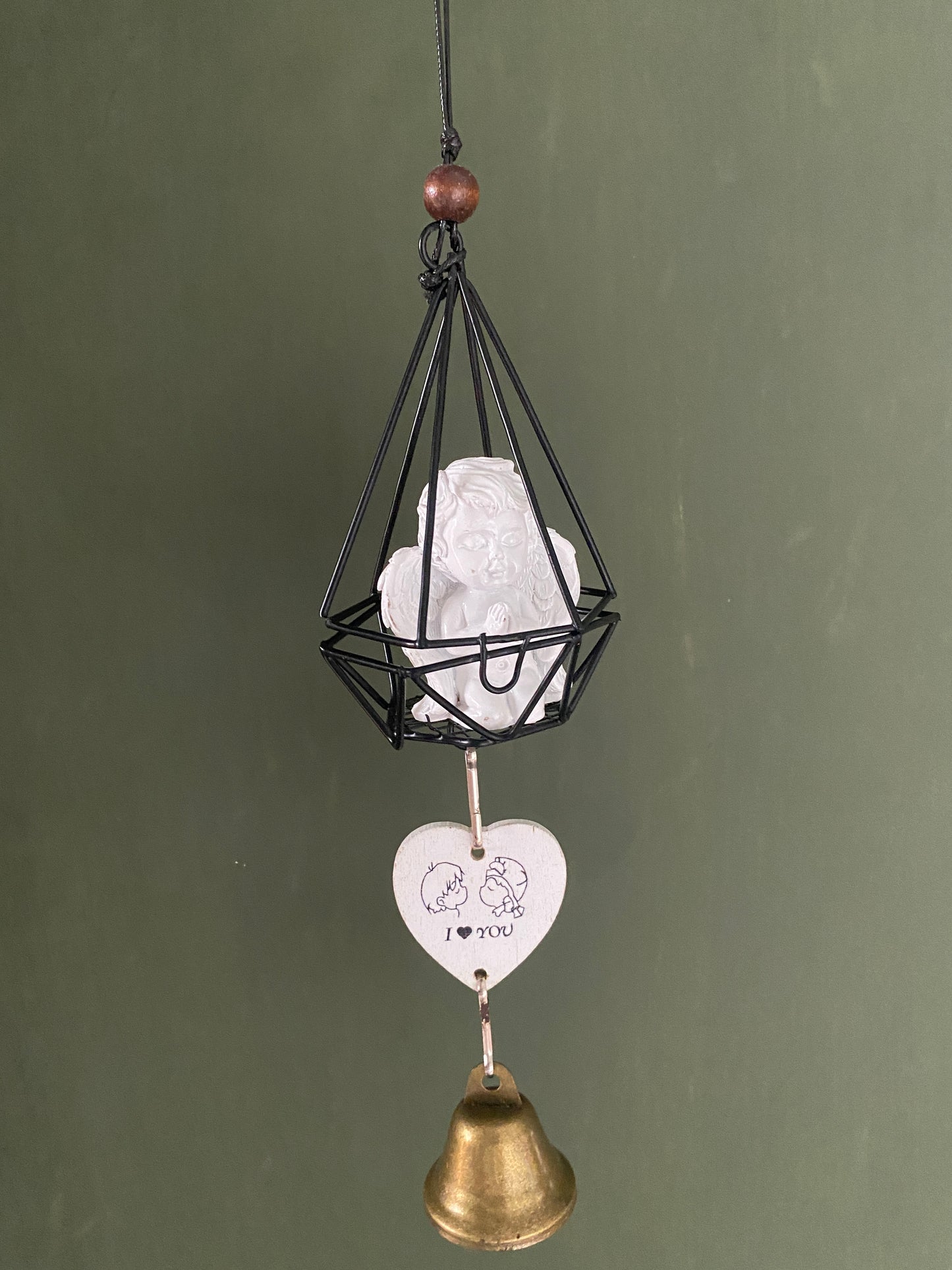 Polystone angel miniature figurine in cage themed windchime