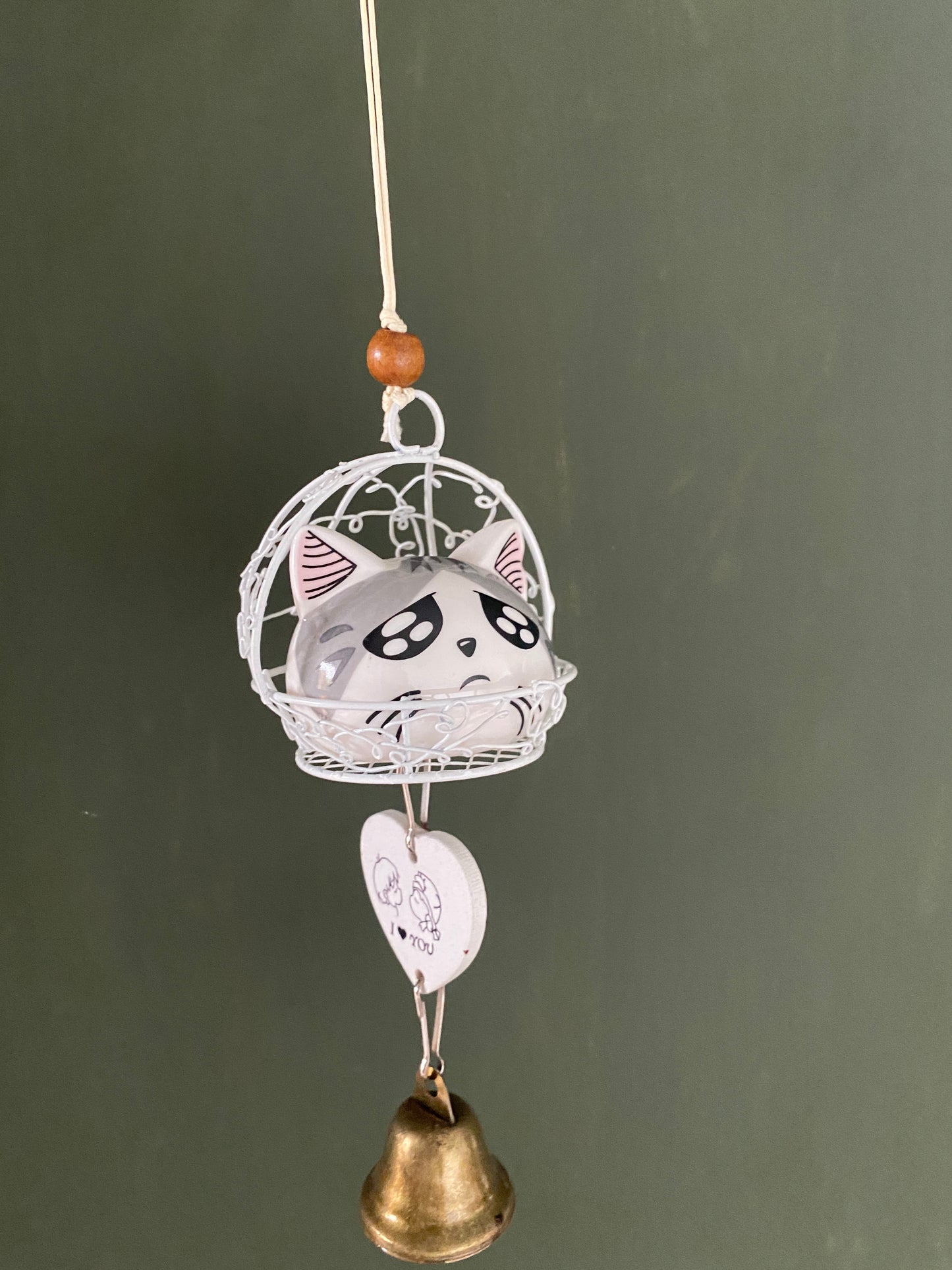 Ceramic Cat figurine in cage themed windchime