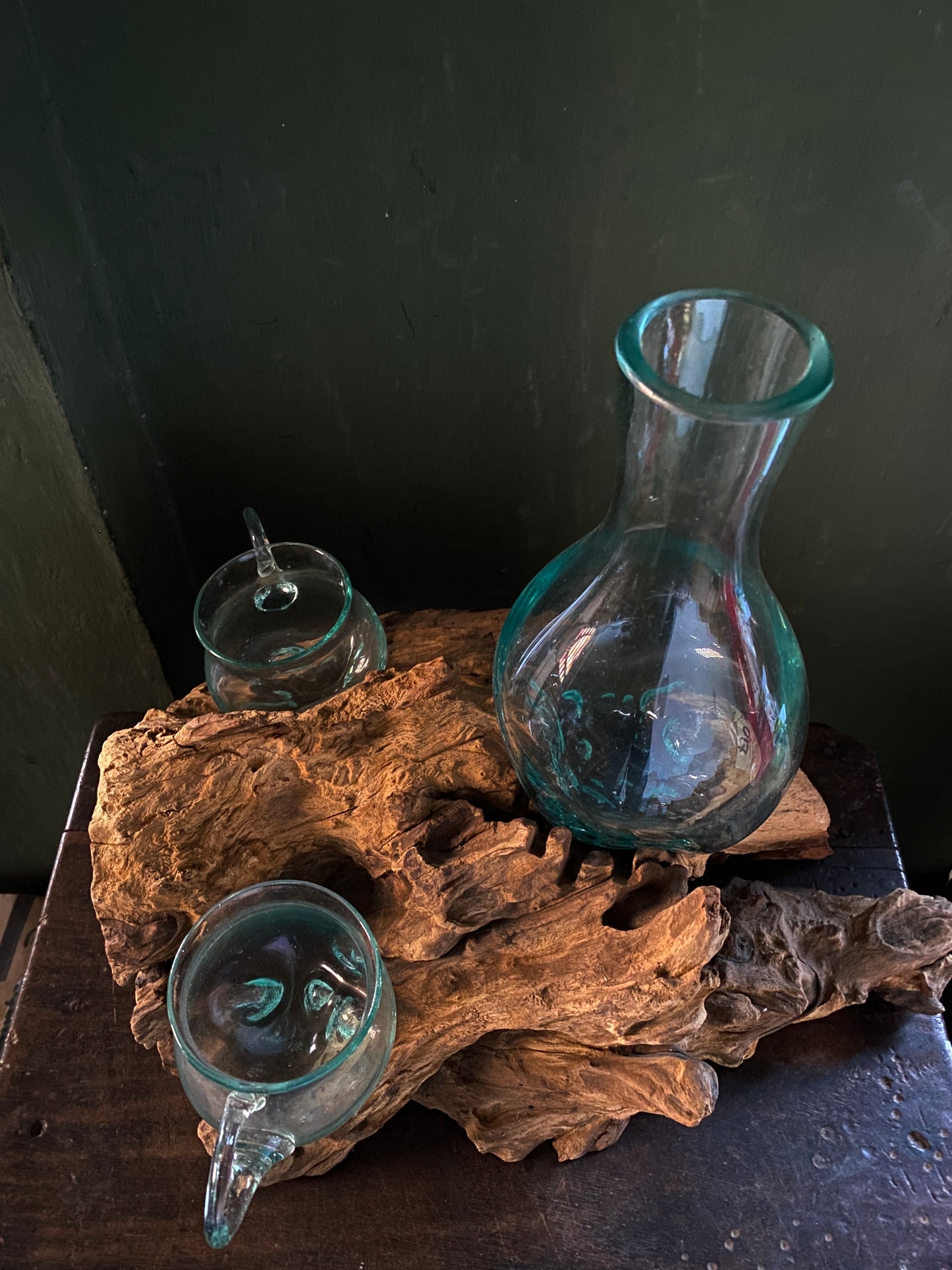 Big sized 3 moltenglass bowl on teak driftwood vase