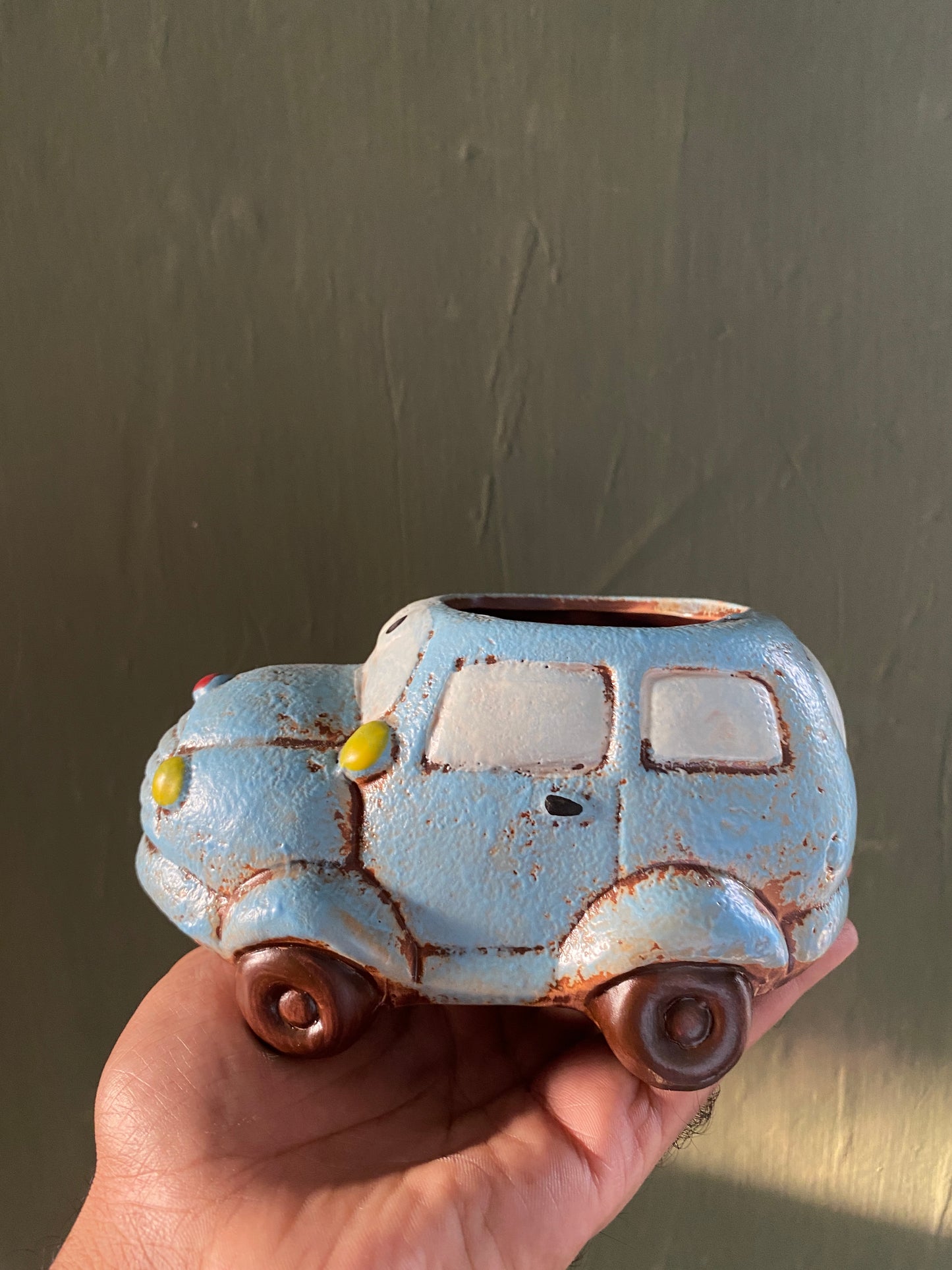 Blue car ceramic planter