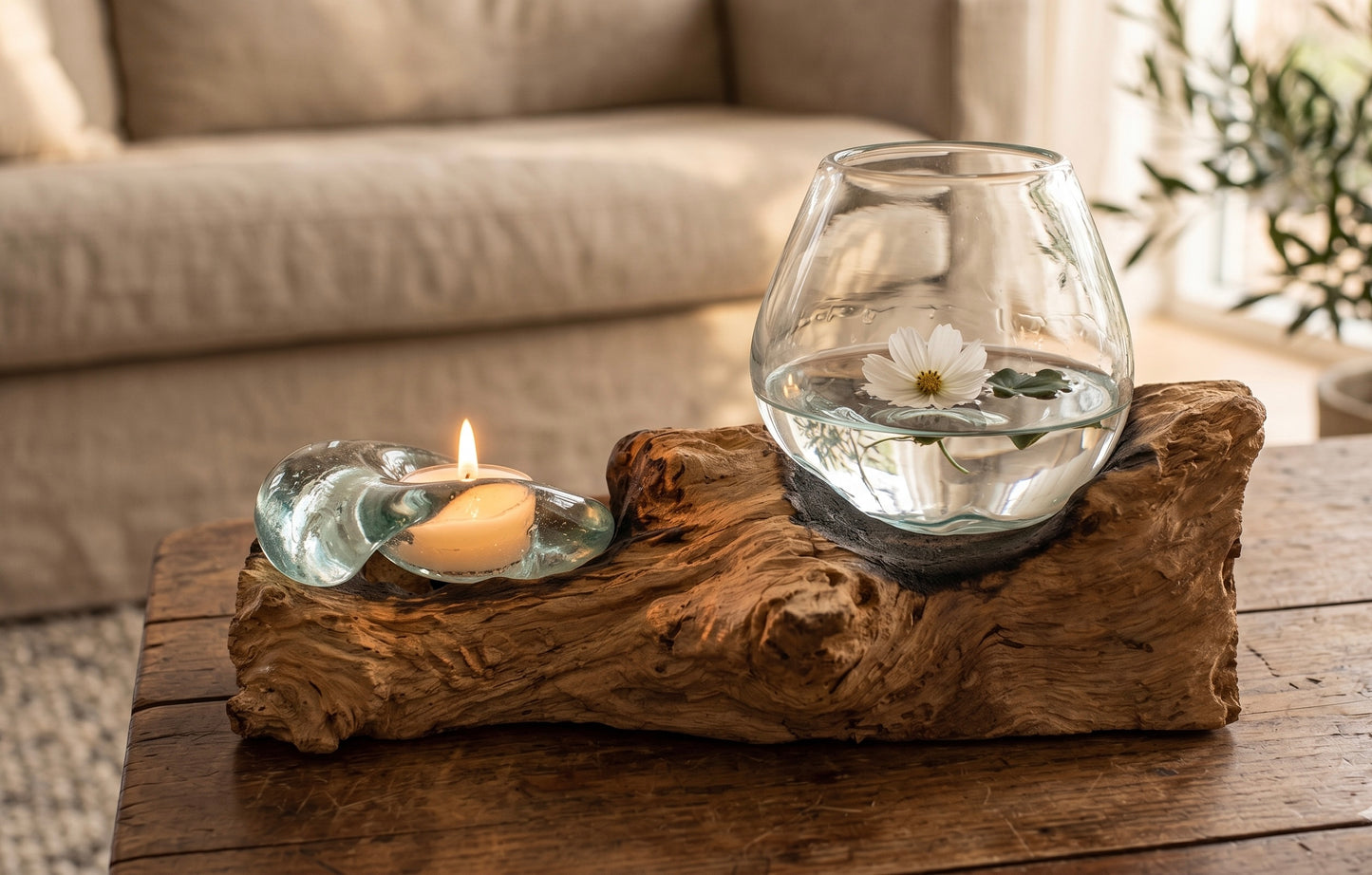 Handcrafted Molten Glass Driftwood Vase & Candle Holder -AquaFlame