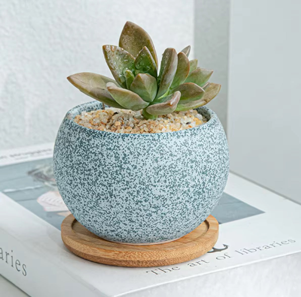 Blue textured ceramic planter