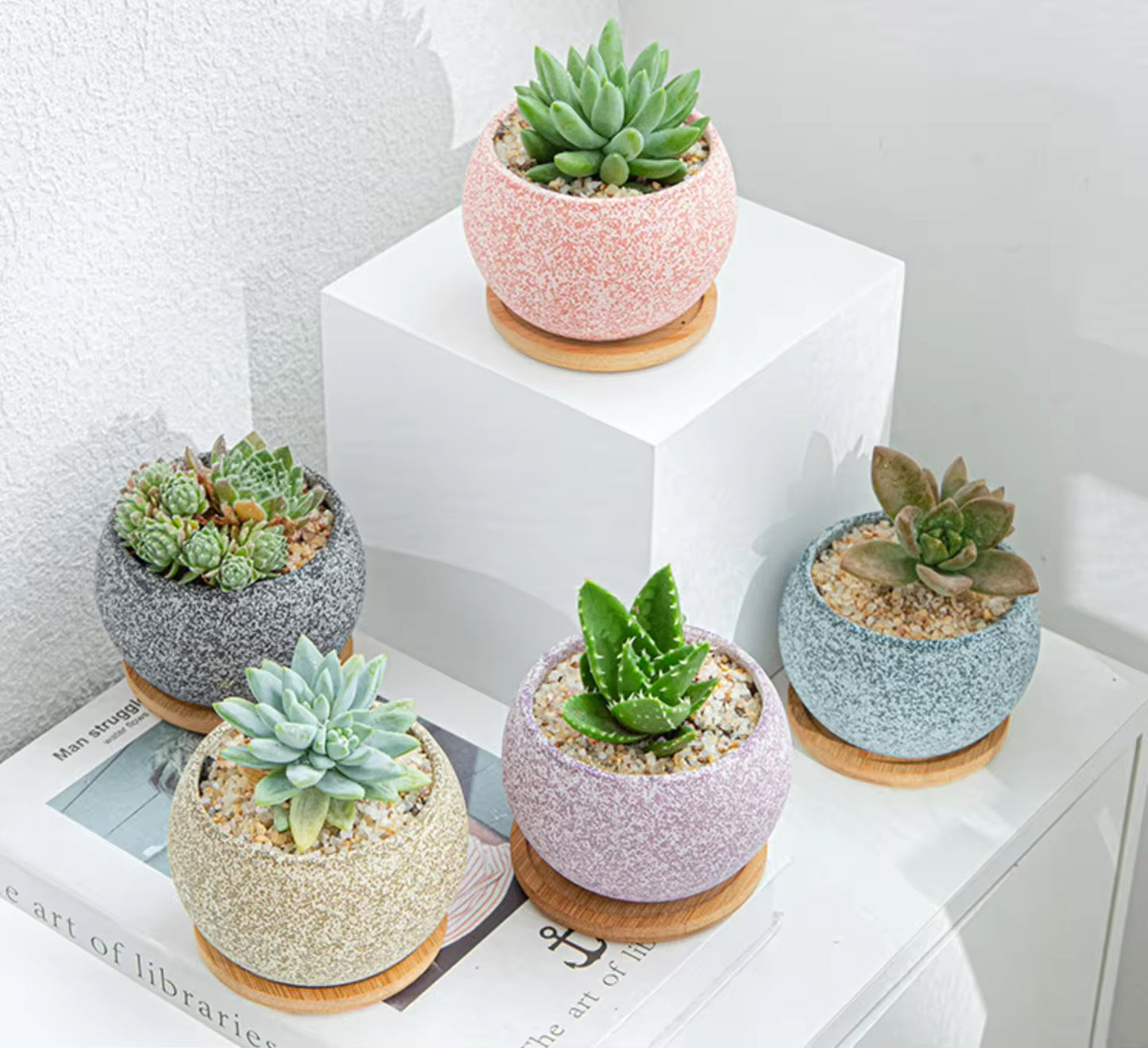 Blue textured ceramic planter