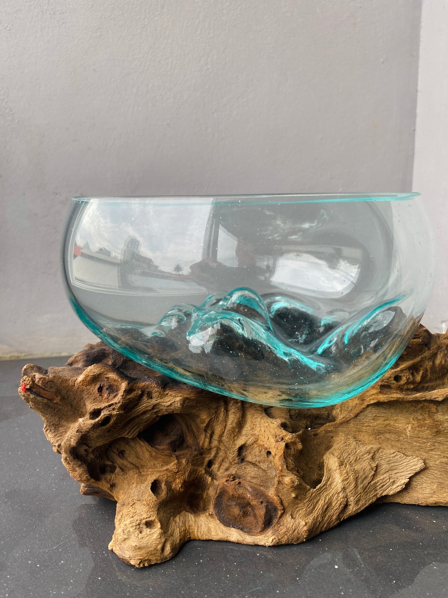 Molten Glass on polished teak Driftwood-Oceanbowl(small)