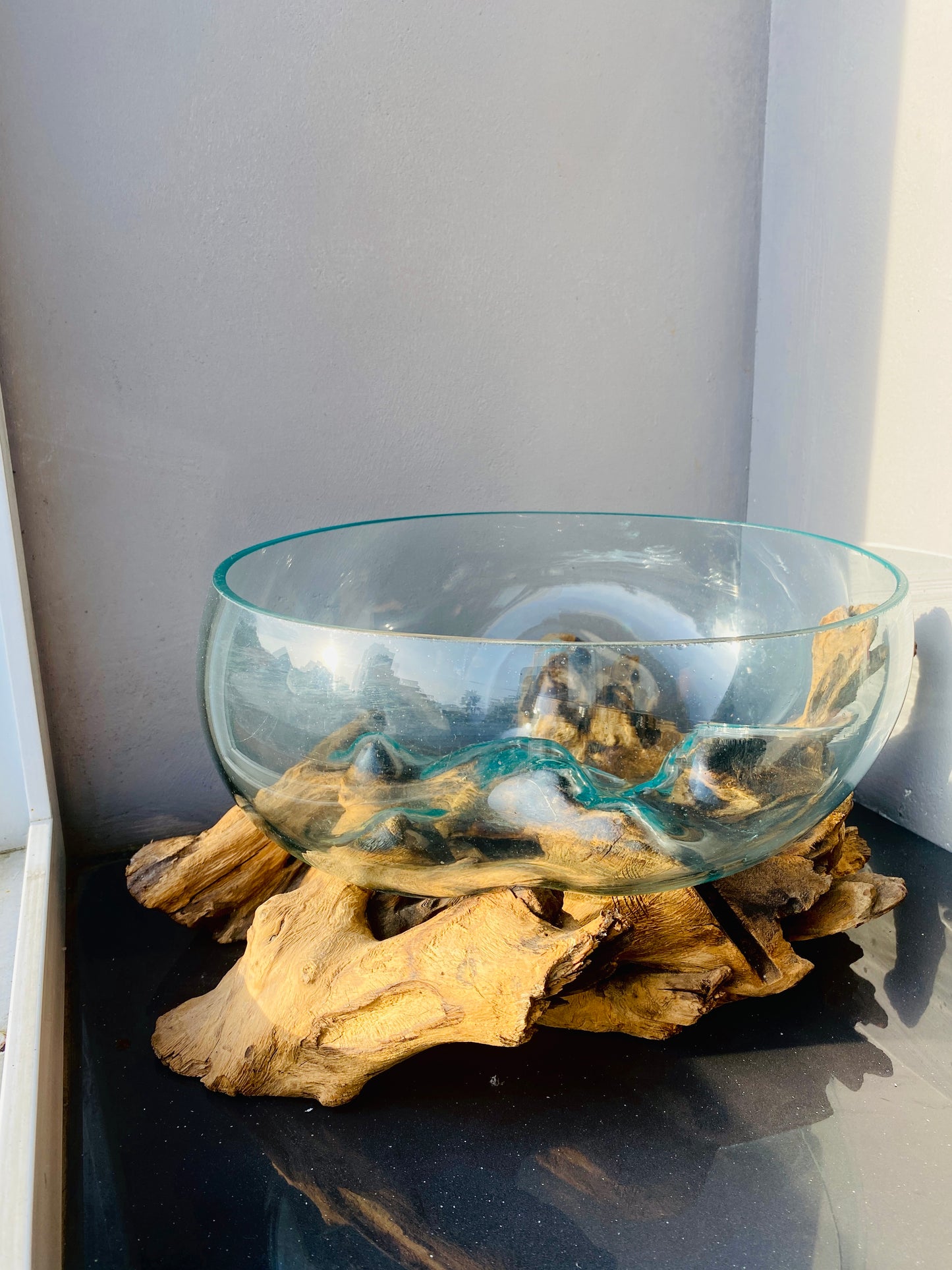 Molten Glass on polished teak Driftwood-Oceanbowl(large)