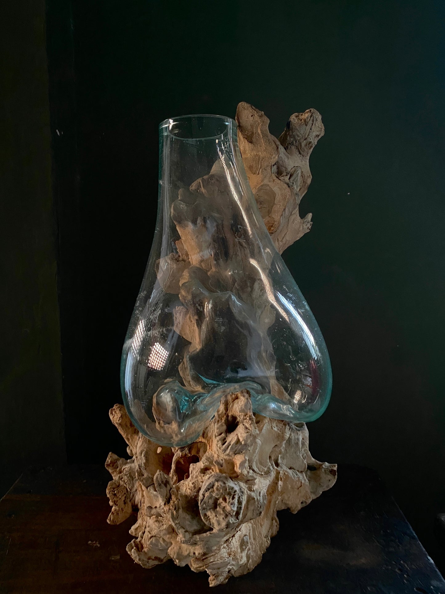 Big sized moltenglass on teak driftwood vase