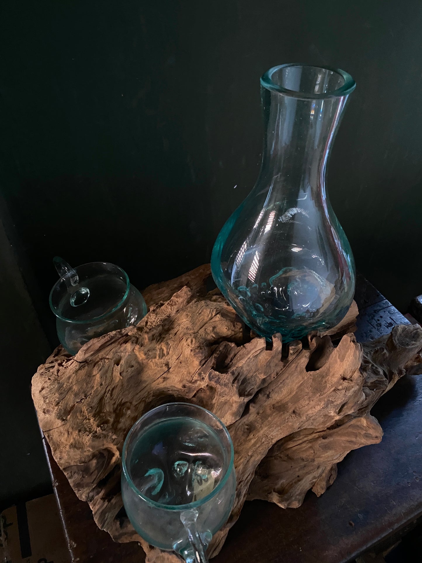 Big sized 3 moltenglass bowl on teak driftwood vase