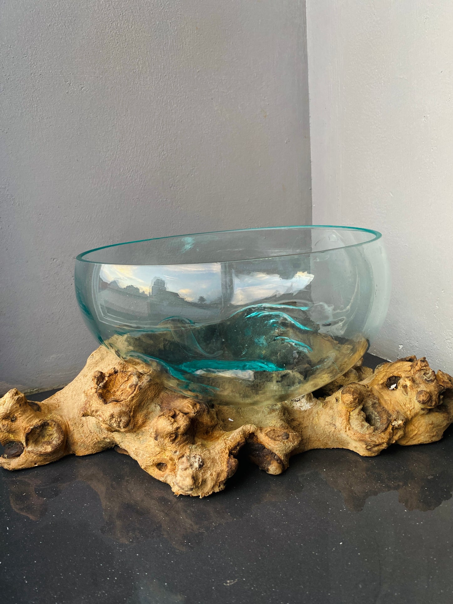 Molten Glass on polished teak Driftwood-Oceanbowl(medium)