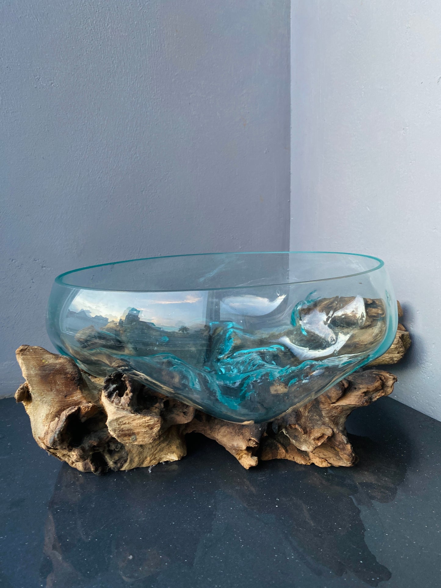 Molten Glass on polished teak Driftwood-Oceanbowl(medium)