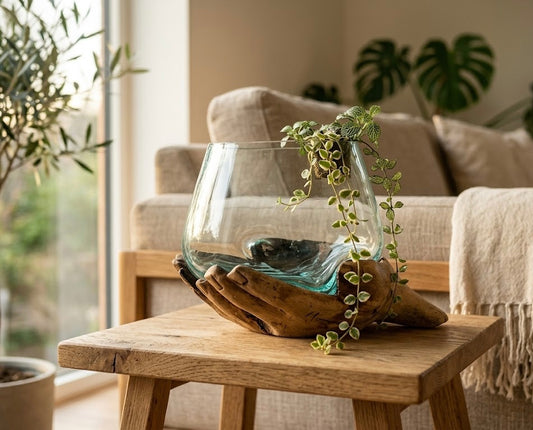Handcrafted Wooden Hands Glass Planter Artistic bowl- The artisans palm