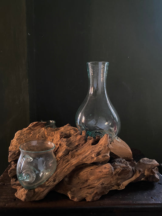 Big sized 3 moltenglass bowl on teak driftwood vase