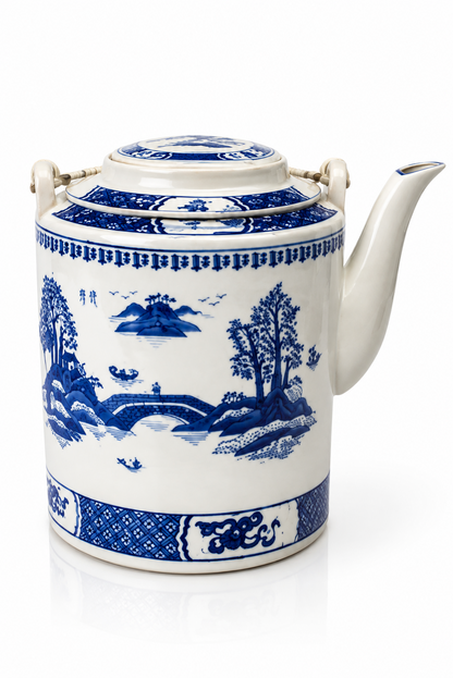 Blue & White Ceramic Teapot Scenic Chinese-Inspired Design