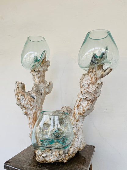Triple handmade Molten Glass bowl on Driftwood base(limited rare edition)