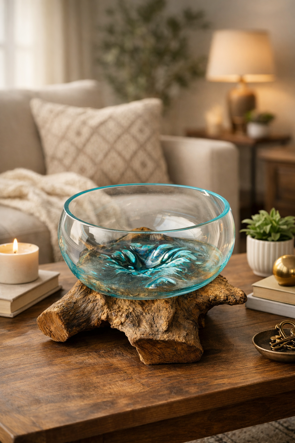 Molten Glass on polished teak Driftwood-Oceanbowl(medium)