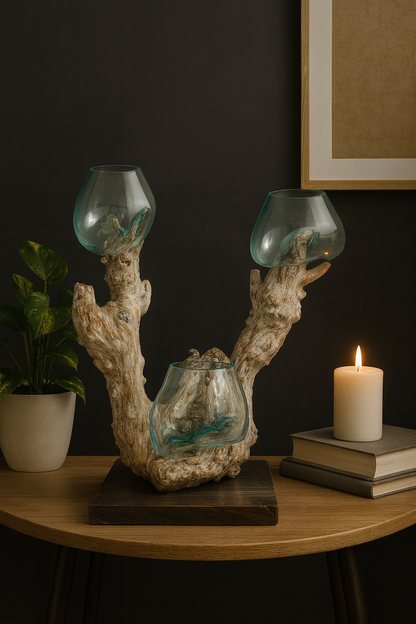 Triple handmade Molten Glass bowl on Driftwood base(limited rare edition)