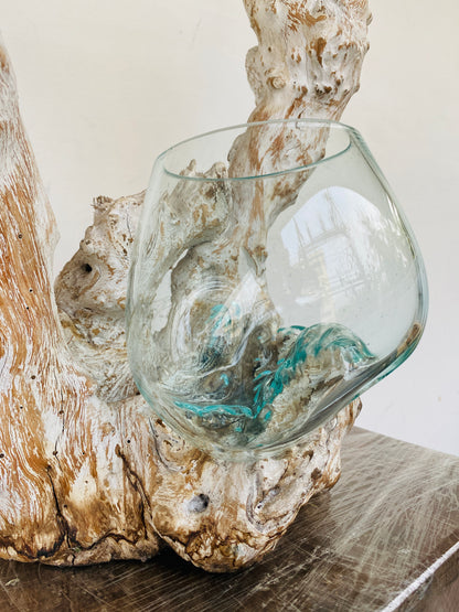 Triple handmade Molten Glass bowl on Driftwood base(limited rare edition)