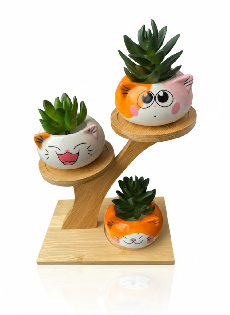 3 Cute Cat Ceramic Planters with Artificial Succulents & Diy Wooden Stand for Desk, Home & Office Table Decoration Gift Set