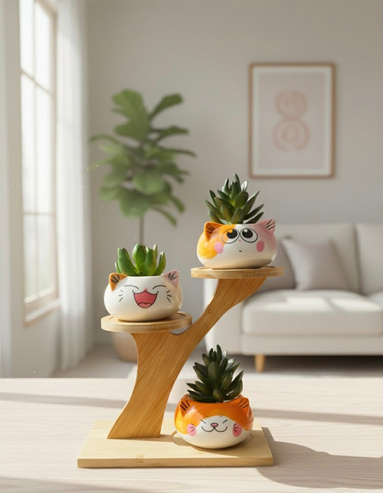 3 Cute Cat Ceramic Planters with Artificial Succulents & Diy Wooden Stand for Desk, Home & Office Table Decoration Gift Set