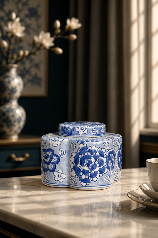 Imported Blue & White Porcelain Ginger Jar with Lid | Premium Floral Ceramic Decorative Temple small Jar Luxury Home Decor Vase