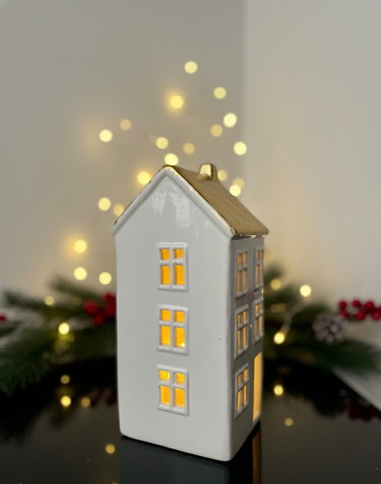 Ceramic led Warm Light White Golden Miniature House Shaped Christmas showpiece