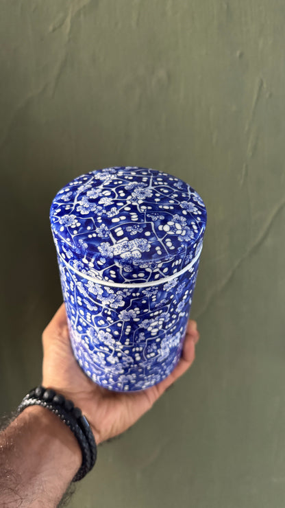 Imported Blue & White Porcelain Tea Canister with Lid | Decorative Ceramic Storage Jar | Chinoiserie Kitchen & Home Decor