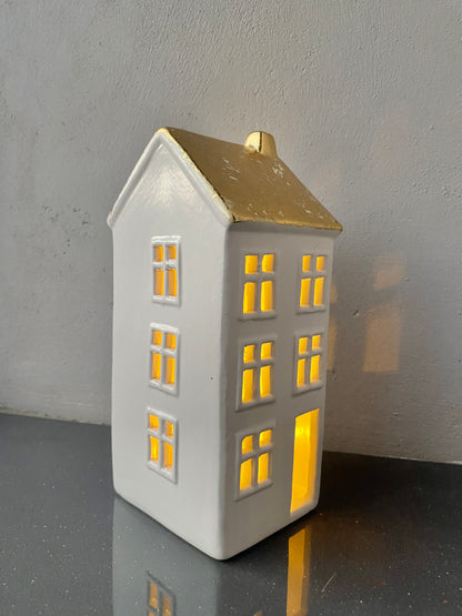 Ceramic led Warm Light White Golden Miniature House Shaped Christmas showpiece