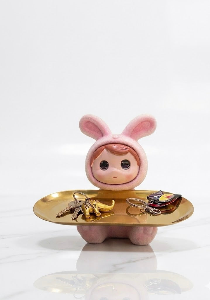 Resin Velvet Pink animal Showpiece sculpture with Golden storage tray