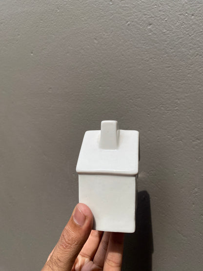 White ceramic small home themed candle holder