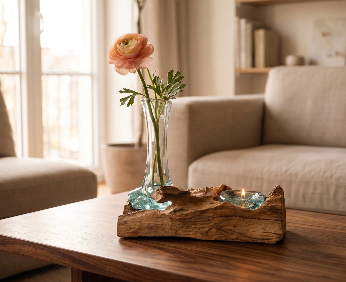 Handcrafted Molten Glass Driftwood Vase & Candle Holder -AquaFlame