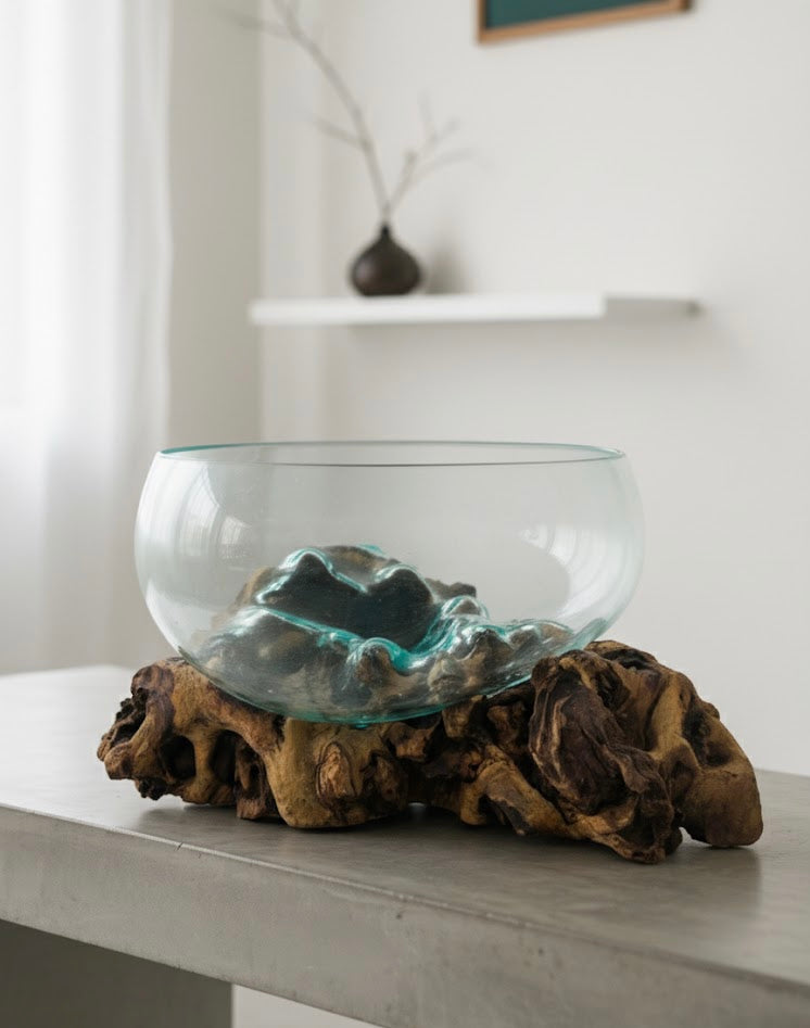 Molten Glass on polished teak Driftwood-Oceanbowl(medium)