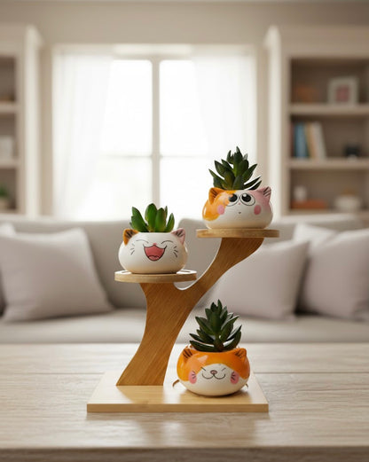3 Cute Cat Ceramic Planters with Artificial Succulents & Diy Wooden Stand for Desk, Home & Office Table Decoration Gift Set
