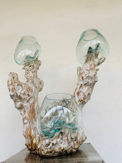 Triple handmade Molten Glass bowl on Driftwood base(limited rare edition)