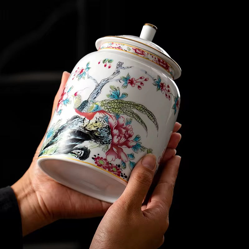 Imported Chinese Porcelain Tea ginger Jars With Lids Jingdezhen Hand-Painted bird floral Ceramic Style white pottery golden top Container spices