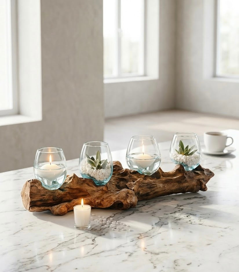 Four Molten Glass on Driftwood base