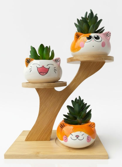 3 Cute Cat Ceramic Planters with Artificial Succulents & Diy Wooden Stand for Desk, Home & Office Table Decoration Gift Set