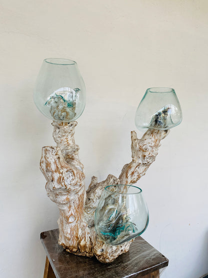 Triple handmade Molten Glass bowl on Driftwood base(limited rare edition)