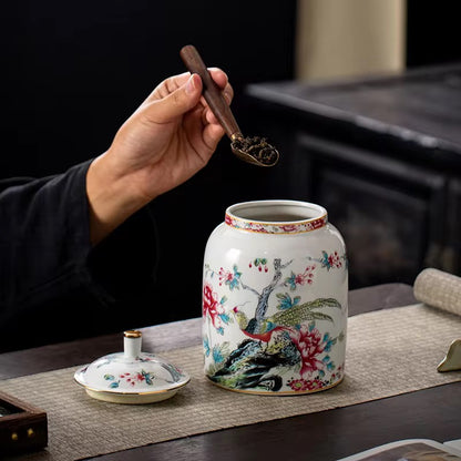 Imported Chinese Porcelain Tea ginger Jars With Lids Jingdezhen Hand-Painted bird floral Ceramic Style white pottery golden top Container spices