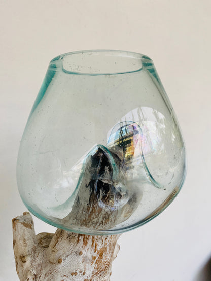 Triple handmade Molten Glass bowl on Driftwood base(limited rare edition)