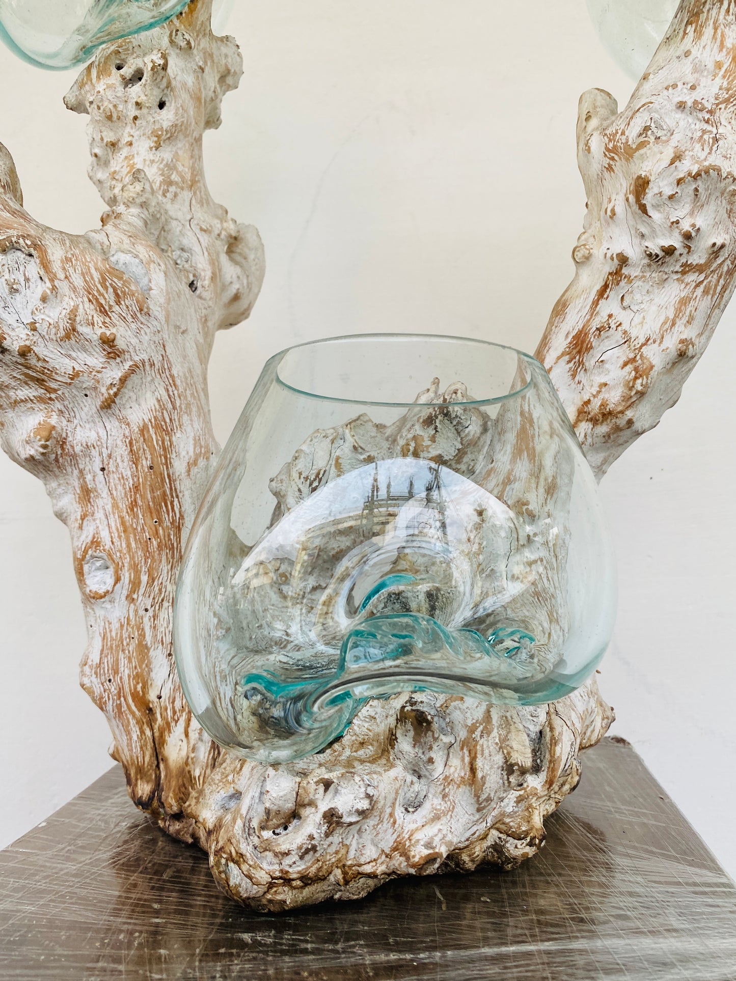 Triple handmade Molten Glass bowl on Driftwood base(limited rare edition)