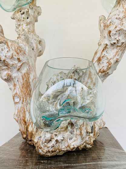 Triple handmade Molten Glass bowl on Driftwood base(limited rare edition)