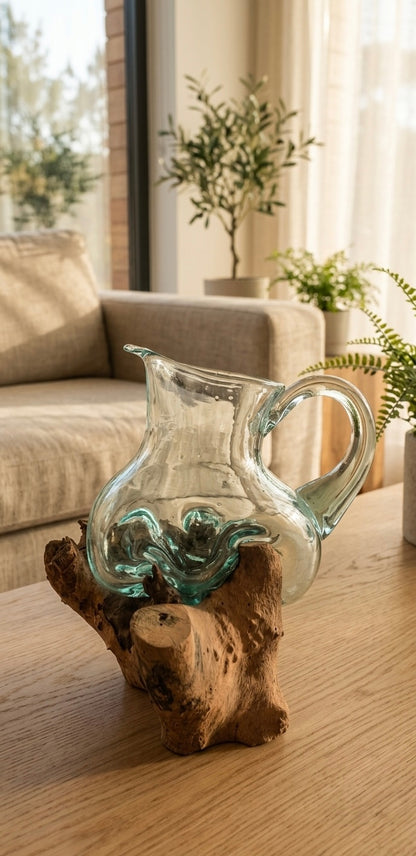 Handcrafted Molten Glass Driftwood Pitcher Vase –AquaPour Artisan Decor