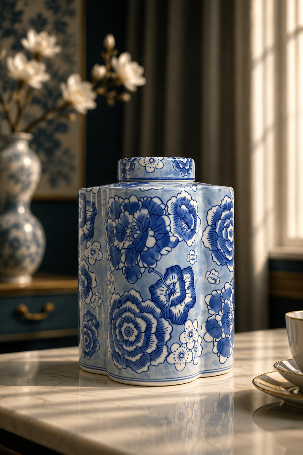 Imported Blue & White Porcelain Ginger Jar with Lid | Premium Floral Ceramic Decorative Temple Jar | Luxury Home Decor Vase