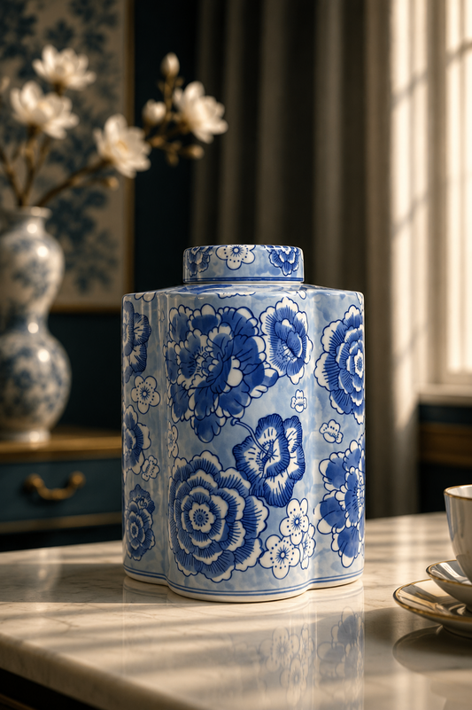 Imported Blue & White Porcelain Ginger Jar with Lid | Premium Floral Ceramic Decorative Temple Jar | Luxury Home Decor Vase