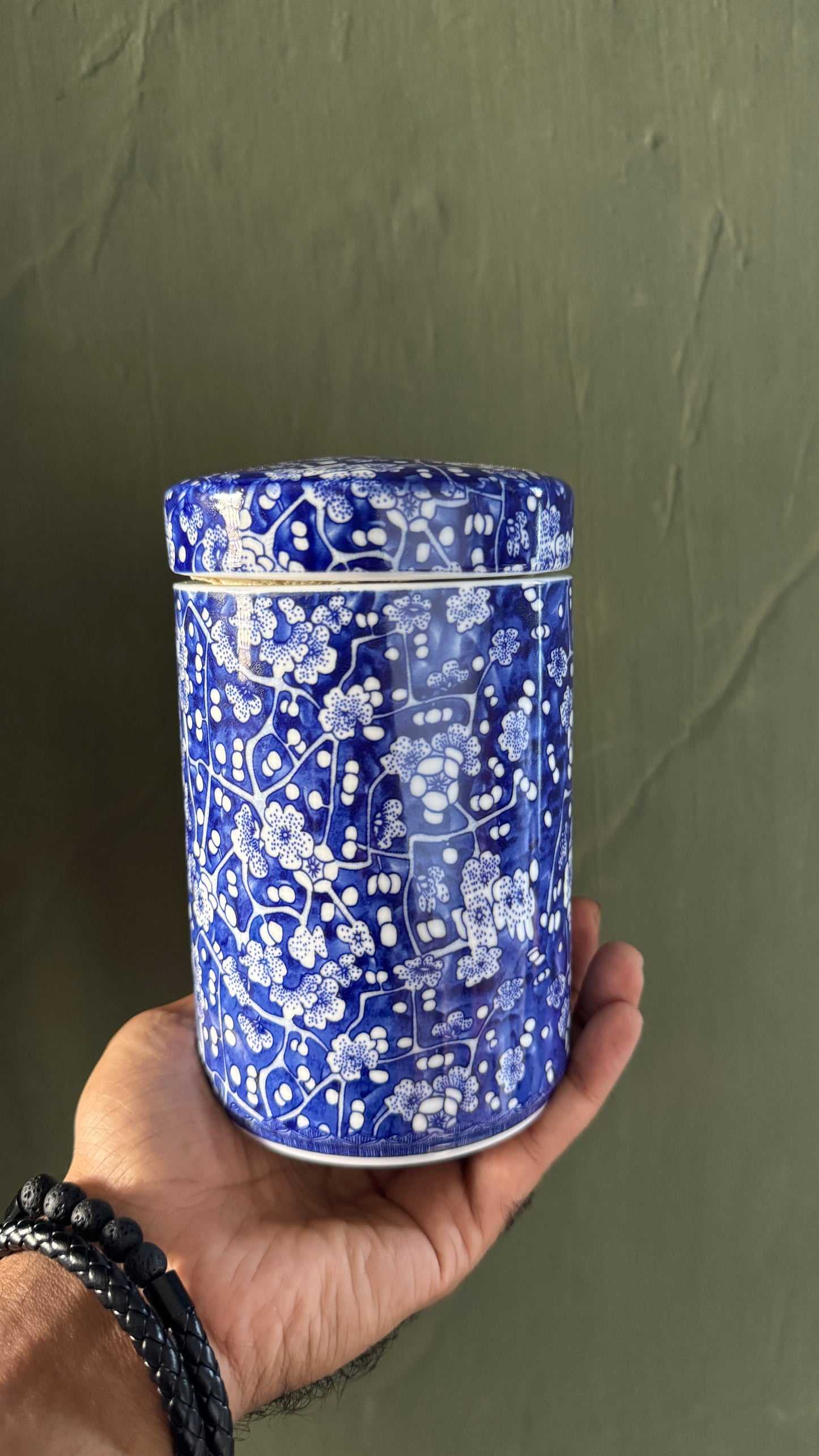 Imported Blue & White Porcelain Tea Canister with Lid | Decorative Ceramic Storage Jar | Chinoiserie Kitchen & Home Decor