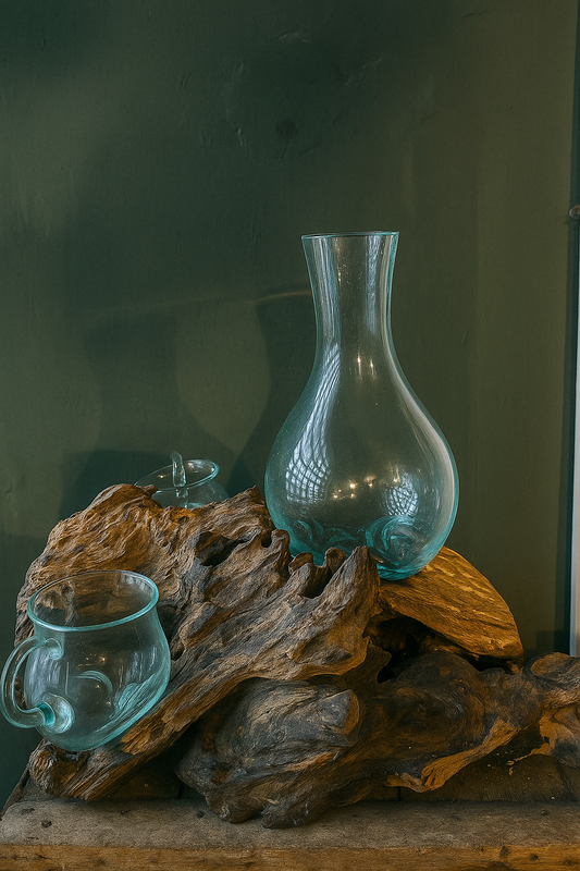 Big sized 3 moltenglass bowl on teak driftwood vase